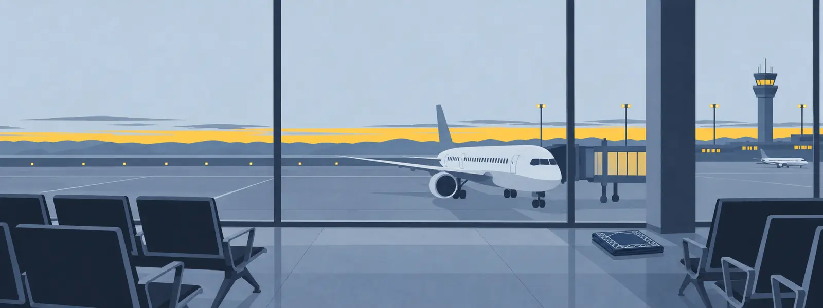 Illustration: an empty departure gate at dusk with a folded prayer mat by the window